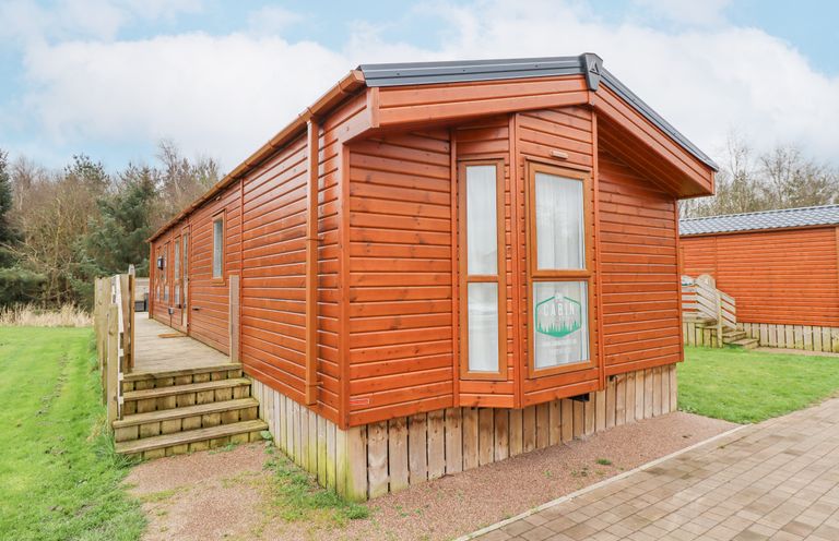 A wooden cabin with steps and a paved walkway at Draco in Felmoor Park