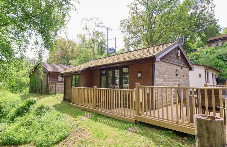 An outdoor view of a wooden cabin with a railing deck and green trees in a grassy area at Chalet Log Cabin C8 in Combe Martin