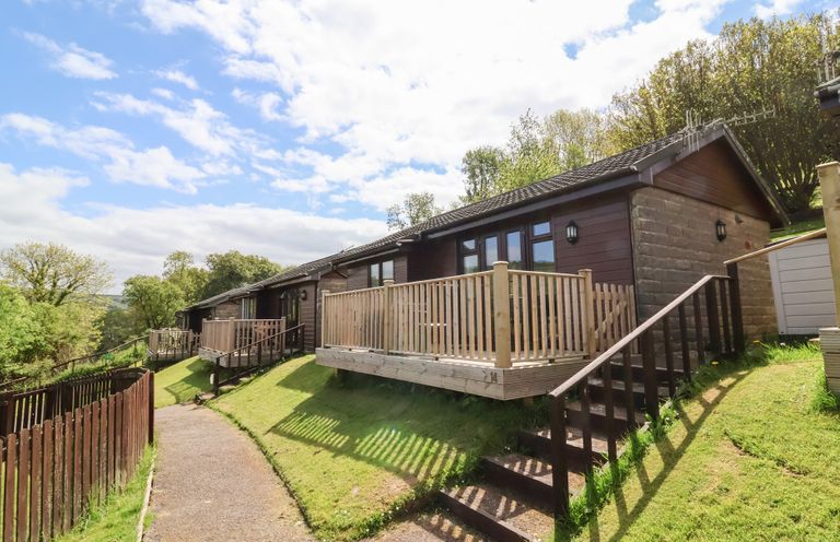 A row of single-story chalets with wooden railings along a pathway surrounded by grass at Chalet Log Cabin L14 in Combe Martin