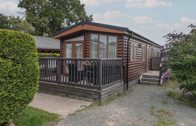 A wooden cabin with a porch and railing surrounded by greenery and a gravel path at Beech in Swanage