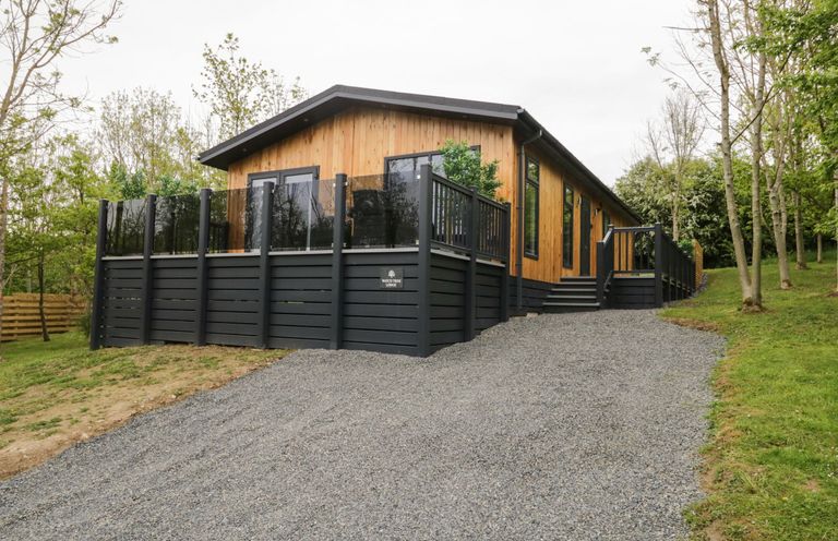 A wooden lodge with black railings and gravel driveway surrounded by trees at Watch Tree Lodge in Allithwaite near Cartmel