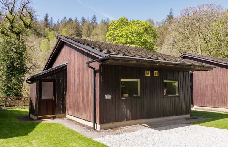 A lodge building surrounded by grass and trees at Beech Timber Lodge in Keswick