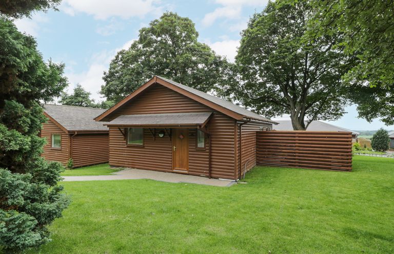A brown wooden cabin with a small porch and surrounding green lawn at Luxury Lodge 69 in Dyserth