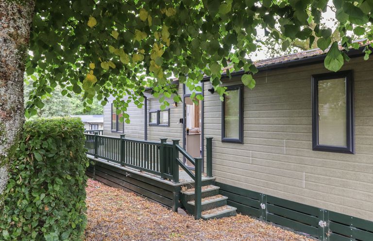 Exterior view of a cabin with a green wooden railing and stairs surrounded by trees at Serendipity R11 Fallbarrow Park near Bowness-On-Windermere