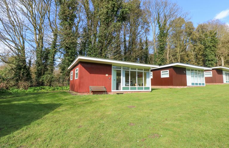 Three small modern cabins with large windows on a grassy lawn in front of tall trees at The Beach Hut in Cromer