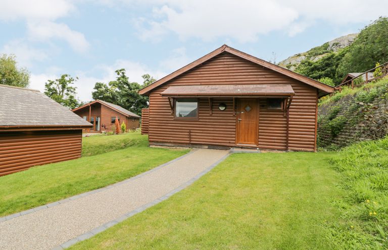 A wooden lodge with a pathway and grass in front at Luxury Lodge 62 in Dyserth