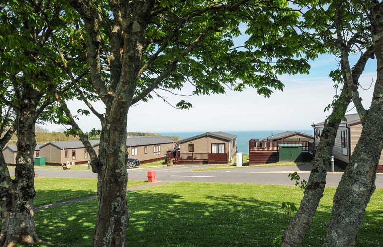 A view of mobile homes near a coastline with trees and grassy areas at Lodge 66 at Riviera Bay Coastal Retreat in Brixham