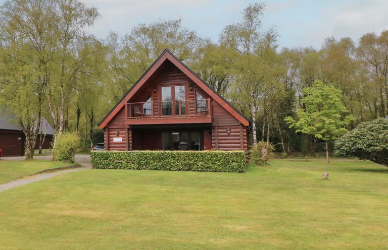 A wooden cabin house with a balcony surrounded by trees and a large grassy lawn at Holly in Dolton