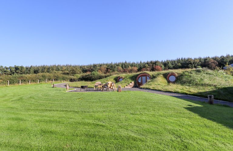 A grassy outdoor area with wooden chairs and table near round door homes built into a hillside at Weirglodd in Ruthin