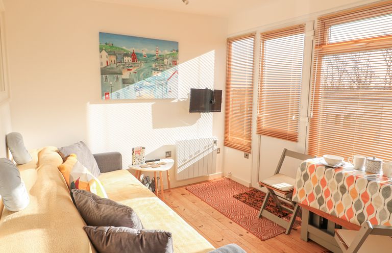 A living room with a sofa, cushions, a small table, a wall-mounted tv, wooden blinds on windows, and a dining table with chairs at 418 Norton Park in Dartmouth