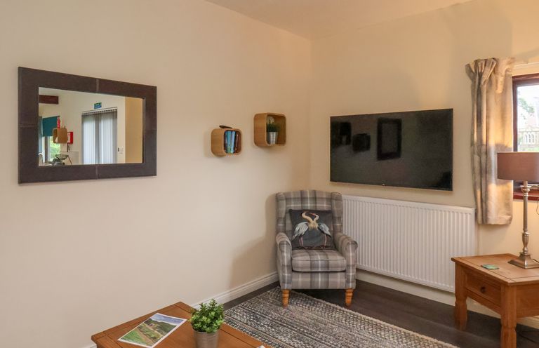 A sitting area with a plaid armchair cushion a wall-mounted tv two wooden tables a lamp rectangular mirror and small shelves on the wall at Ramson in Saltburn-By-The-Sea