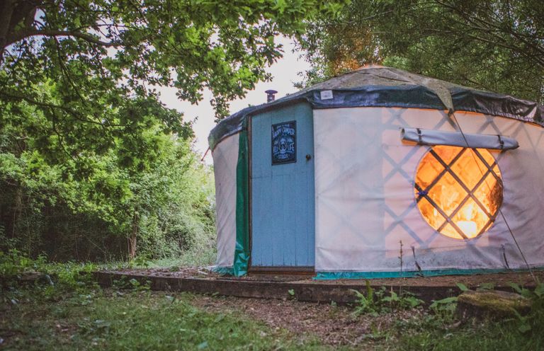 A yurt with a lit interior in a wooded area at Brandon House Farm Yurt Brandon Parva near Mattishall