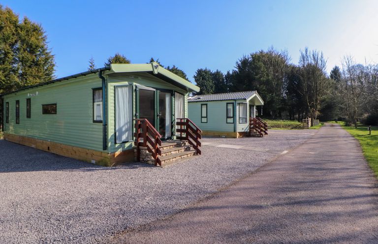 Two green static caravans with wooden stairs on gravel beside a paved road and trees in the background at Lodge 2 in Silverdale
