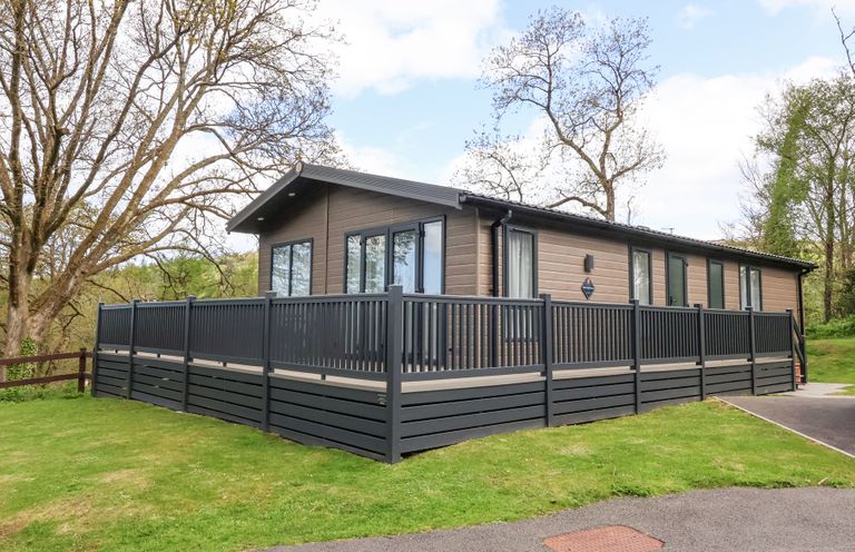 A single story cabin with black railings around a deck surrounded by trees and grass at 16 Manleigh Park in Combe Martin