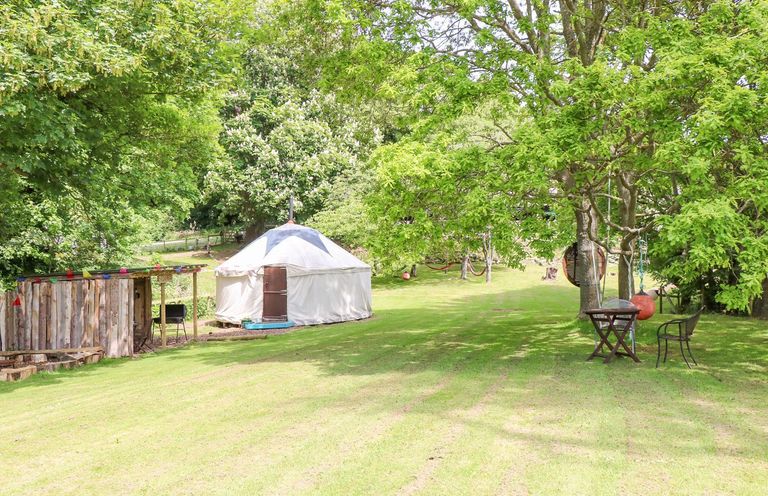 A grassy garden with a yurt, wooden shelter, chairs, table, and trees at Stardust in Ventnor