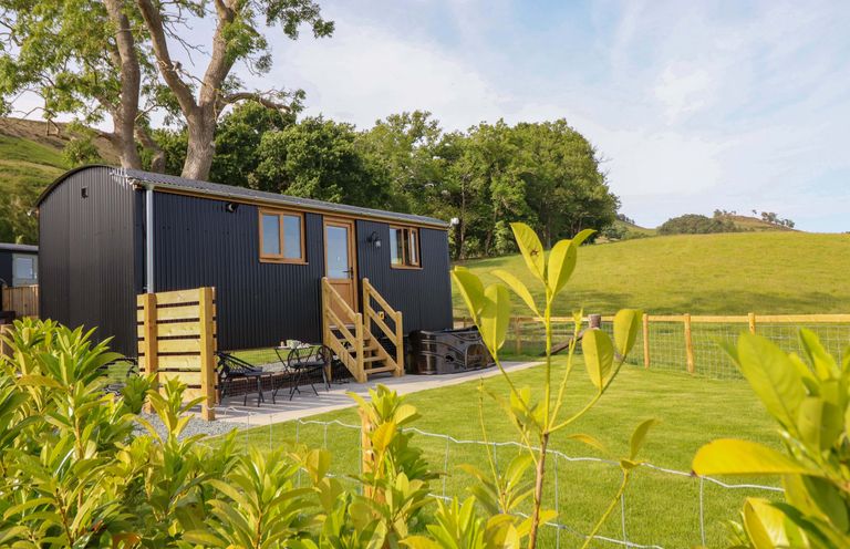 A outdoor photo of a shed with steps and seating area at Defaid Cymreig Oswestry