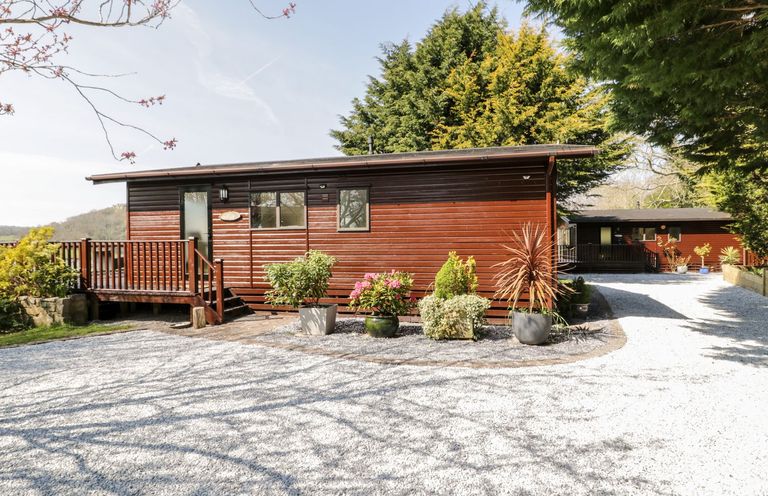 A cabin with a deck and plants at Summertime Lodge Rhyd-y-Foel near Abergele