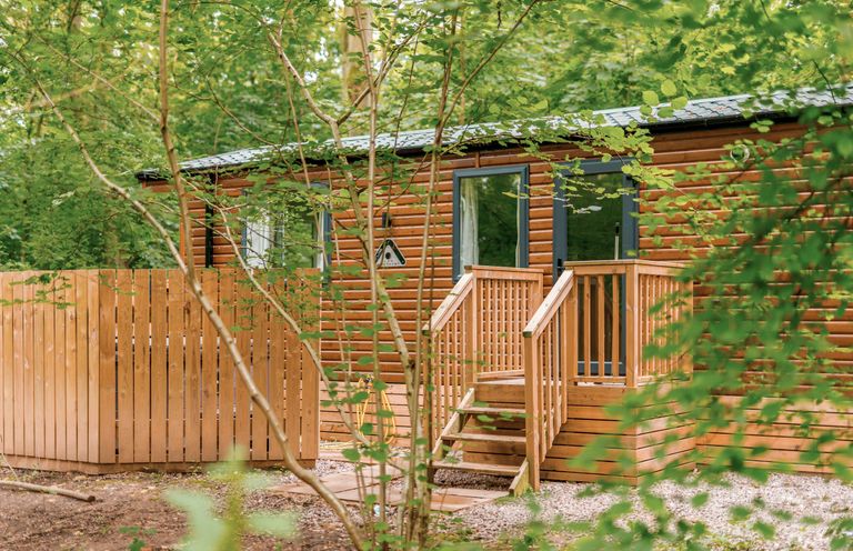A wooden cabin with stairs and a fence in the woods at Alford Spa (Pet) Louth