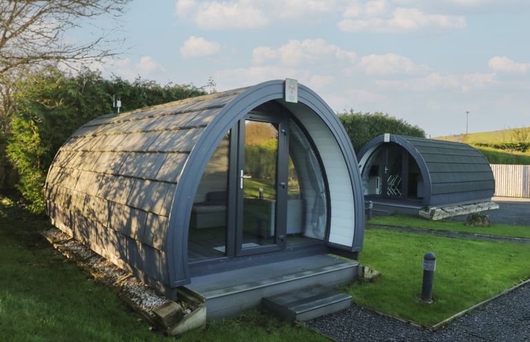 Two holiday pods with glass doors at Pod 9 (No Pets) Tewitfield near Carnforth