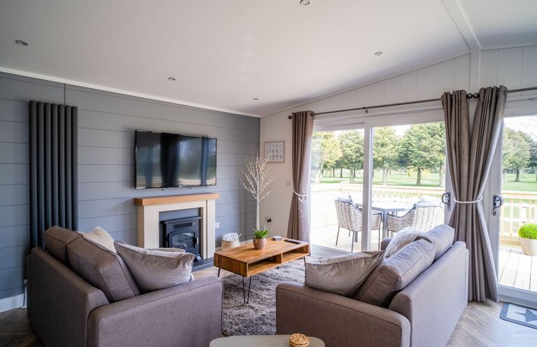 A living room with a television and fireplace at Dovecote in Waltham