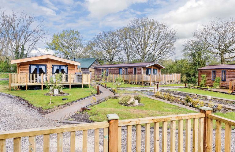 An outdoor area with cabins and landscaped gardens at Hurricane Lodge in Fair Oak