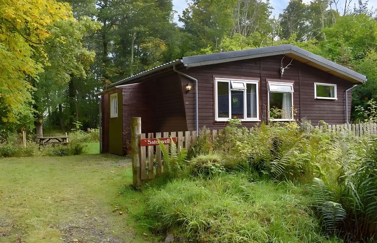 A cabin surrounded by trees and grass at Satchwell Chalet in Inverness