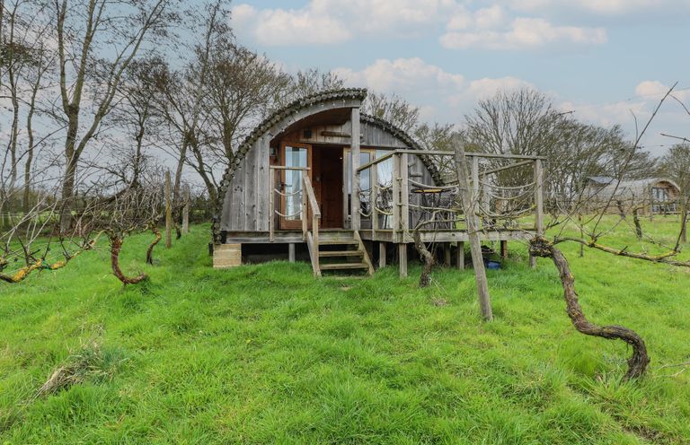 A wooden cabin with a deck surrounded by grass and vines at Vine View near Halesworth
