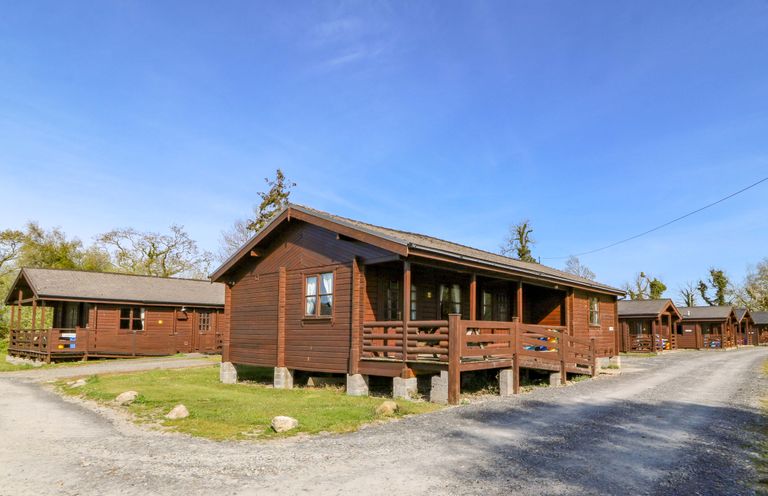 Log cabins situated along a gravel pathway at Lodge 2 - Bron Eifion