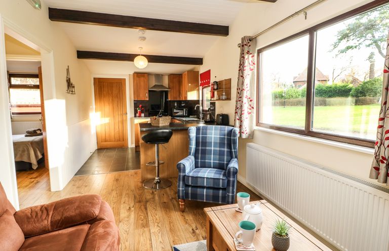A living room with a brown sofa and blue plaid armchair next to a wooden coffee table and large window at Primrose Lodge in Saltburn-by-the-Sea