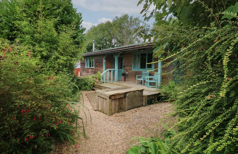A gravel pathway leading to a wooden cabin with teal window frames and chairs surrounded by bushes and plants at Timbertwig Lodge in Lamphey near Pembroke
