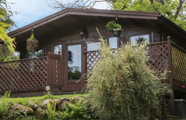 A wooden cabin with a porch and lattice railing surrounded by greenery at Y Caban in Llechwedd The Conwy Valley