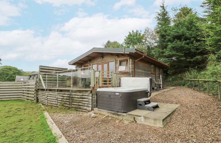 An outdoor area with a cabin and hot tub at The Cabin in Pontardawe
