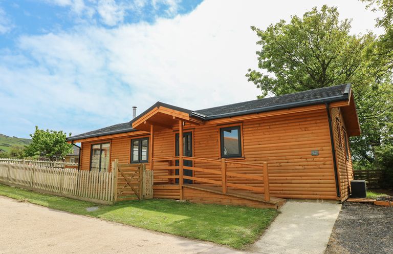 A wooden cabin with a ramp and small fenced yard surrounded by trees at Chale Farm Lodge in Chale