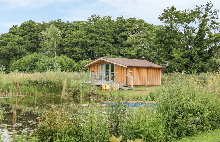 A wooden cabin by a pond with surrounding greenery and trees at Lakeside Lodge in East Harling near Thetford