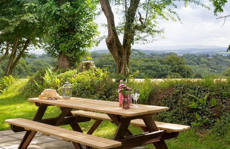 A wooden picnic table with flowers glasses and a hat in a garden with trees and a countryside view at Dartmoor View in Gunnislake