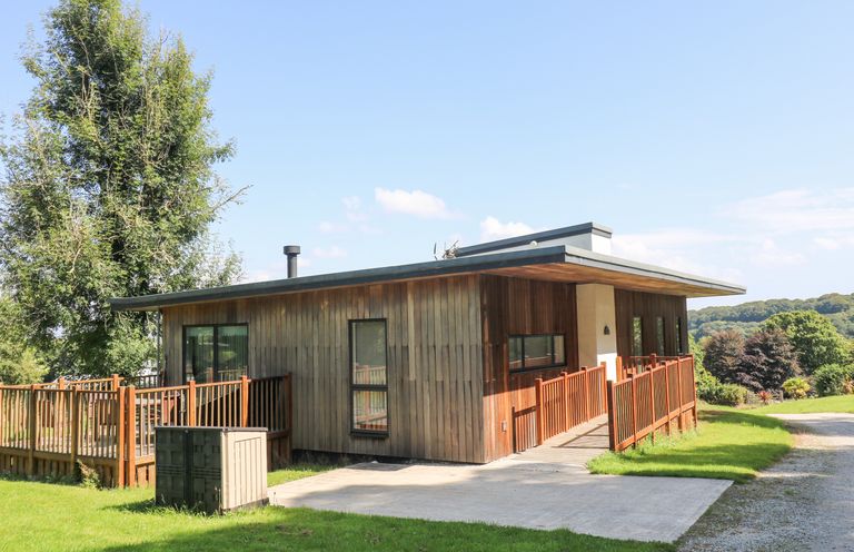 A modern wooden house with a ramp and railing surrounded by grass and trees at Ash in Truro