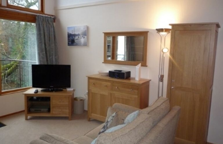 A living room with a sofa television wooden cabinet mirror and floor lamp at 21 Keswick Bridge in Keswick