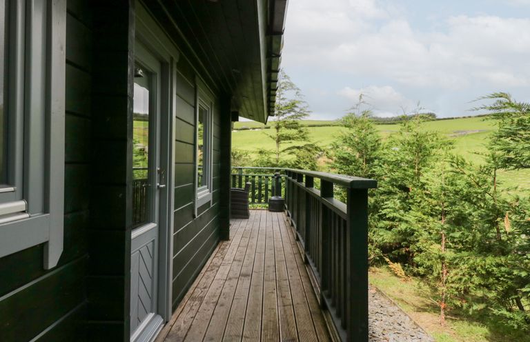 An outdoor area with a deck and trees at Oak Lodge in Pennington near Ulverston