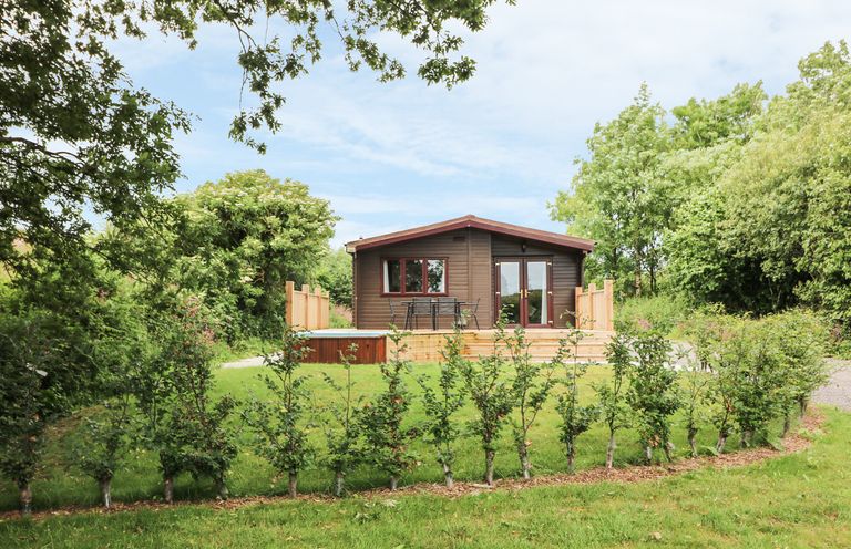 A wooden lodge with a small deck and outdoor table and chairs surrounded by trees and grass at Oak Lodge in Constantine near Falmouth