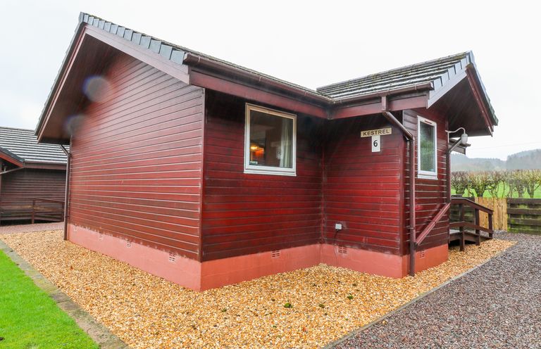A red wooden lodge with gravel paths and a green lawn at Kestrel Lodge in Dumfries