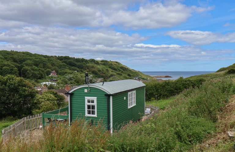 A green cabin on a hillside overlooking the sea with surrounding vegetation and distant houses at Lady Bird Retreat in Skinningrove